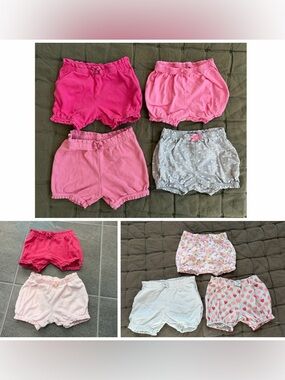 Lot of 9 girls’ bubble shorts, 18mo, USED. Pink, green, gray.